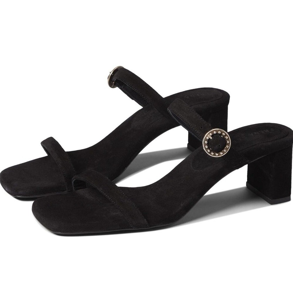 Freda Salvador Amalia Sandals 2-Band Block Heel Black Suede Square Toe Sz 10.5 M